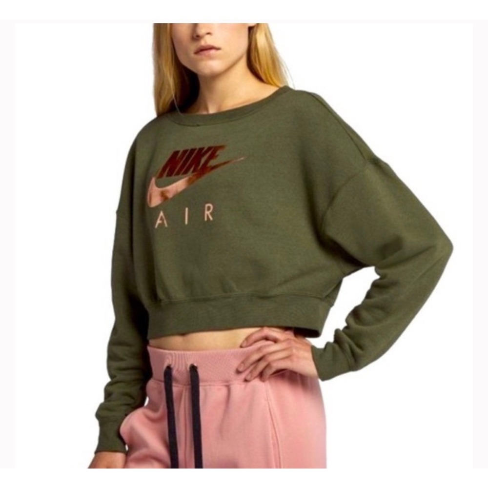 Nike Air Women Olive Green Rose Gold Metallic‎ Logo Back Zip Crop Sweatshirt S